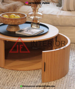 meja tamu bulat kayu jati solid dengan laci